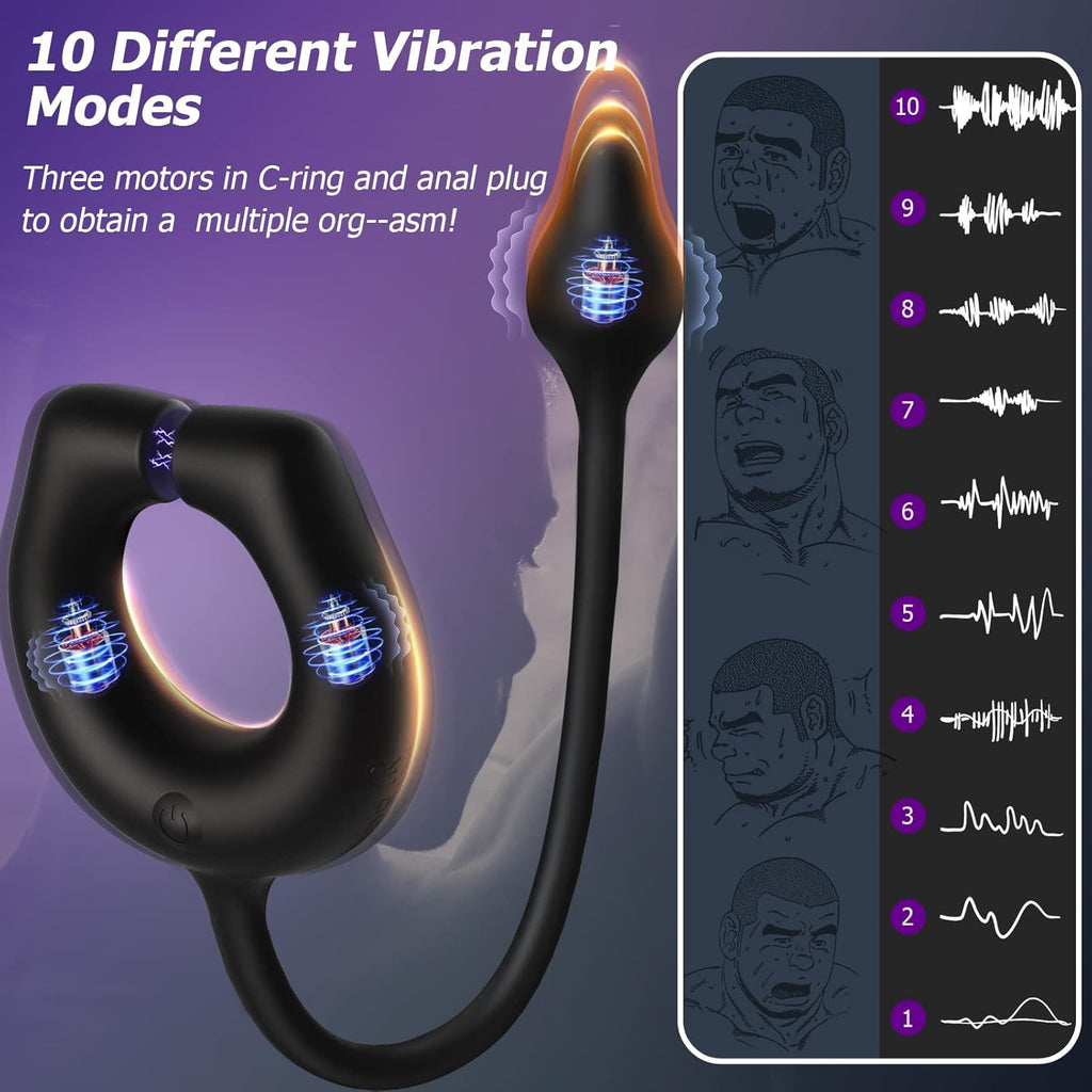 Vibrating Cock Ring with Anal Plug, Penis Ring Vibrator Magnet Adsorption Design, 10 Vibration Modes Adult Sex Toys for Men Coup